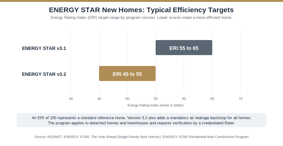 ENERGY STAR new homes efficiency targets by program version Range chart comparing typical ENERGY STAR new homes Energy Rating Index targets for program versions 3.1 and 3.2