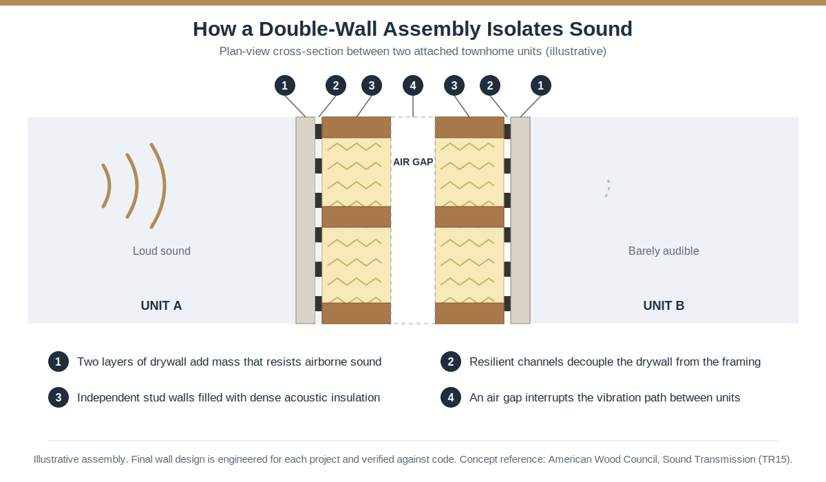 How a double-wall assembly isolates sound between townhomes Cross-section diagram of a double-wall assembly with drywall, resilient channels, insulated stud walls, and an air gap between townhome units