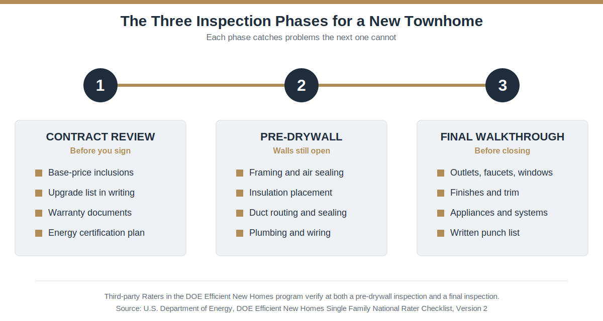 Three inspection phases for a new construction townhome Timeline infographic of the three inspection phases for a new construction townhome: contract review, pre-drywall inspection, and final walkthrough