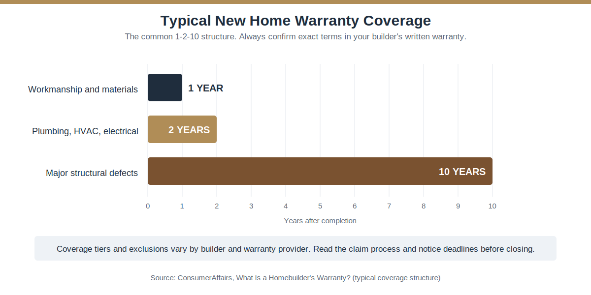 Typical new home builder warranty coverage periods Bar chart of typical new home builder warranty coverage periods: one year for workmanship, two years for systems, and ten years for structure